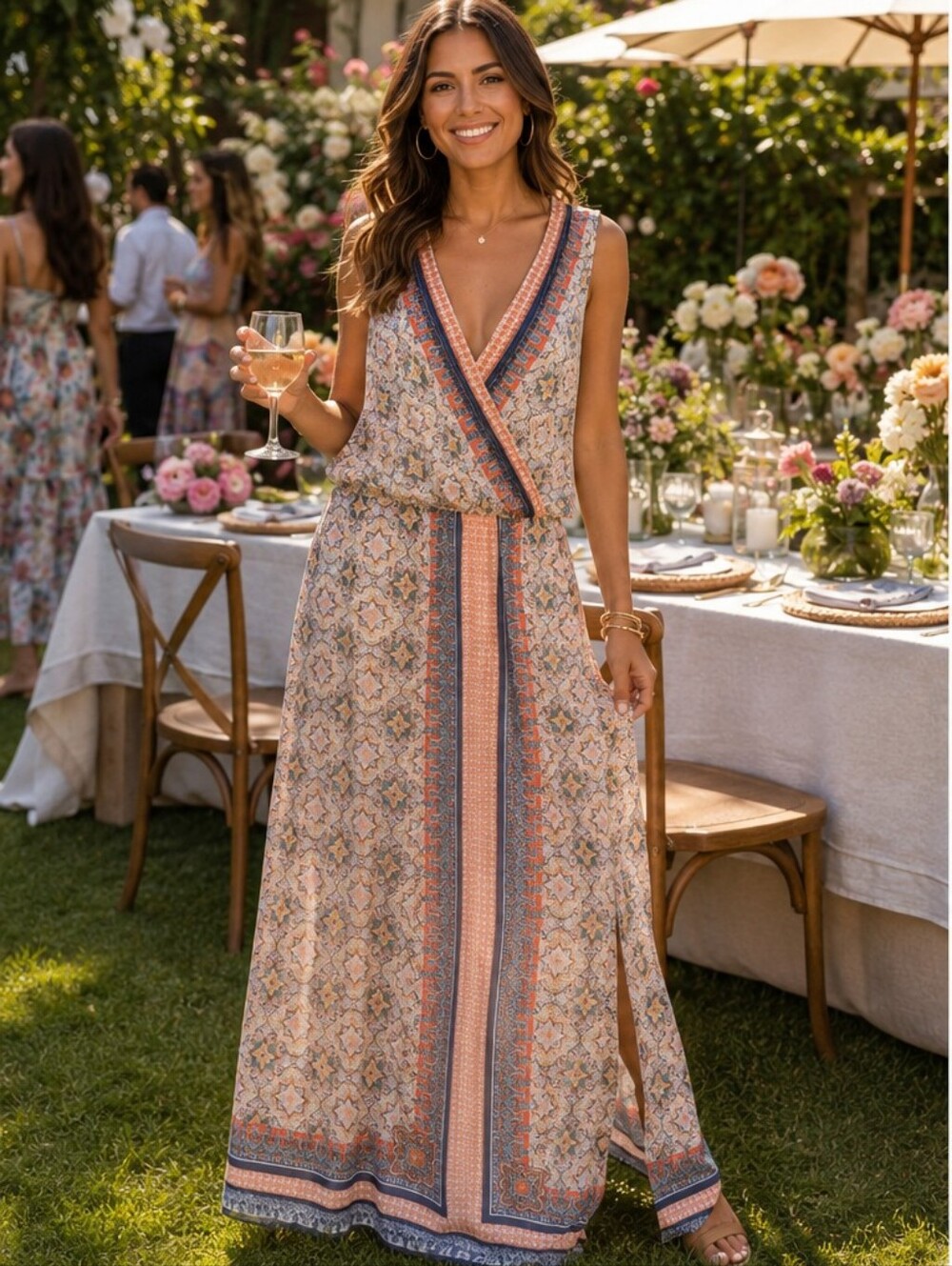 a.n.a Sleeveless V-Neck Boho Maxi Dress in Coral, Navy and Cream